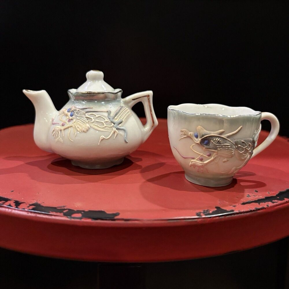 Vintage Miniature Porcelain Teapot & Teacup Set Raised Dragon Motif Lusterware